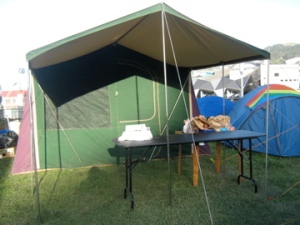 Loaned tent, replacing storm-damaged wharenui tarp, day three