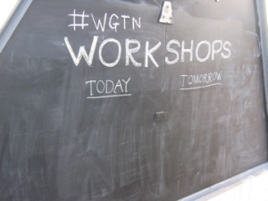 A dry blackboard, workshops notices day three