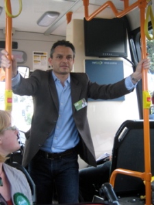James Shaw as the bus rounds the Basin Reserve